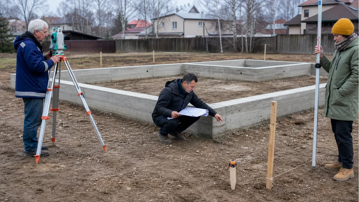 Геодезисты проверяют возможное смещение фундамента относительно проектных осей