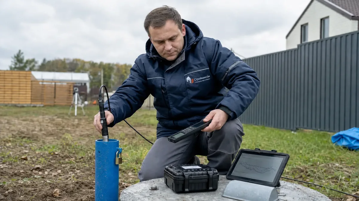 Гидрогеолог настраивает автоматический регистратор уровня в наблюдательной скважине