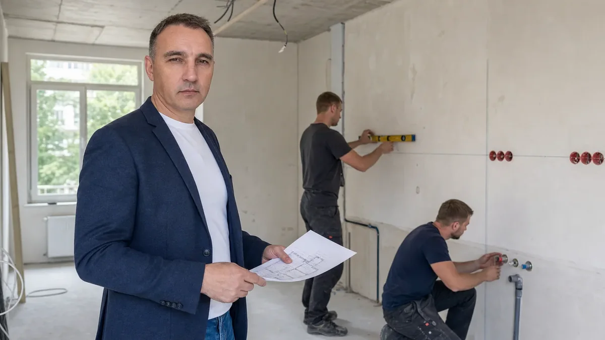 Руководитель проверяет готовность кухни перед переходом к следующему этапу ремонта